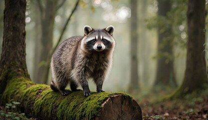 Raccoon standing on mossy log - ultra realistic photo