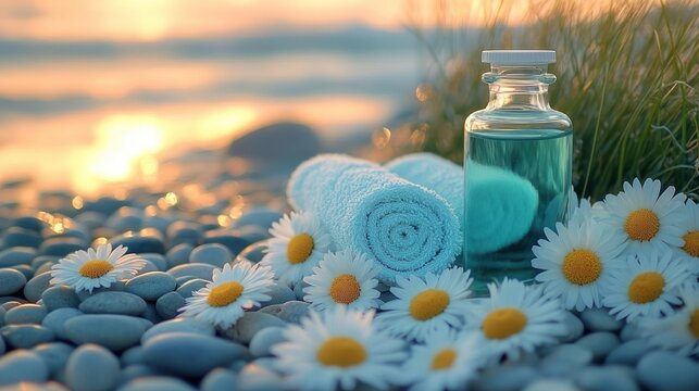 Rolled blue towel, glass bottle of blue oil, white daisies on smooth pebbles by the seaside at sunset conveying peaceful serene spa relaxation