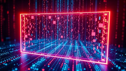 digital virtual hologram holographic portal gate stage landscape with particle stream rain, matrix rectangular neon frame with glowing edges