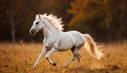 Obraz premium Horse running through autumn field - ultra realistic photo