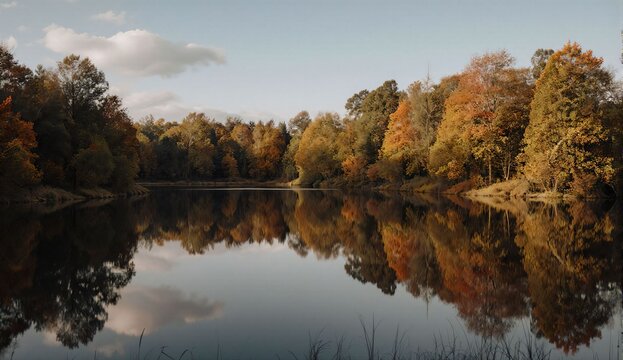 Reflection of autumn forest in calm lake - ultra realistic photo