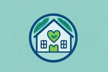Stylized eco-friendly house icon with green heart and leaf motifs inside a circular badge on teal background, conveying warmth and care