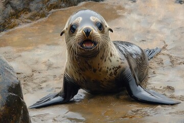 Obraz premium young spotted seal pup on wet rocky beach looking toward camera with open mouth, curious and playful expression