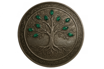 Tree of life, yggdrasil symbol embossed on a metal medallion featuring emerald gemstones and an ornate border, with transparent background