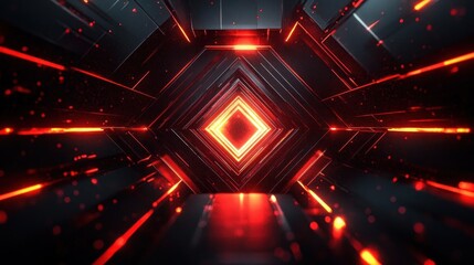 Glowing red-orange diamond core in a dark metallic geometric tunnel with neon lines, floating sparks and an intense futuristic atmosphere