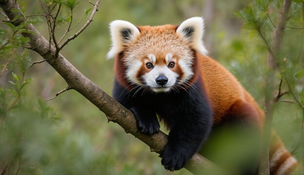 Red panda sitting on tree branch - ultra realistic photo