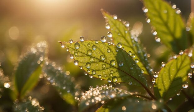 Spring leaves with morning dew - ultra realistic photo