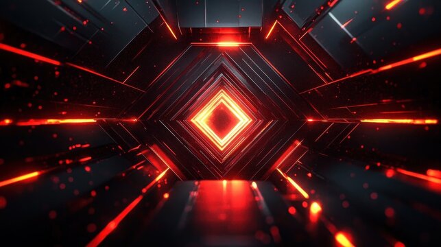 Glowing red-orange diamond core in a dark metallic geometric tunnel with neon lines, floating sparks and an intense futuristic atmosphere