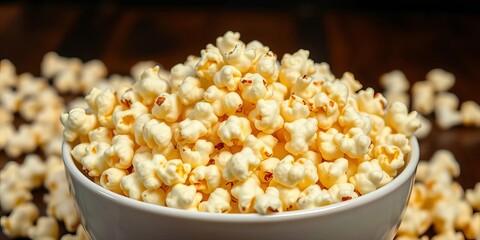 A brimming bowl of buttery popcorn, kernels scattered around, texture, popcorn