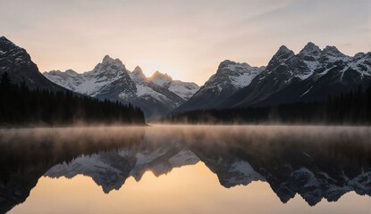 Winter mountain lake reflection at sunrise - ultra realistic photo