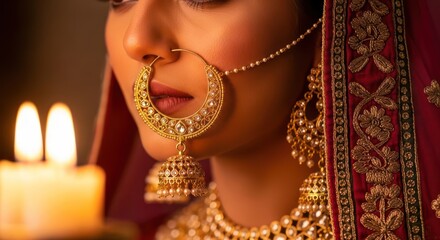 Elegance and tradition woman adorned in ornate bridal jewelry illuminated by candlelight