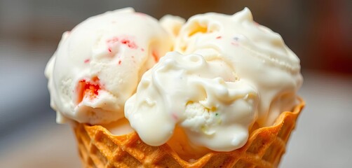 Close-up of melting scoops of creamy ice cream in a waffle cone, sugary, yummy