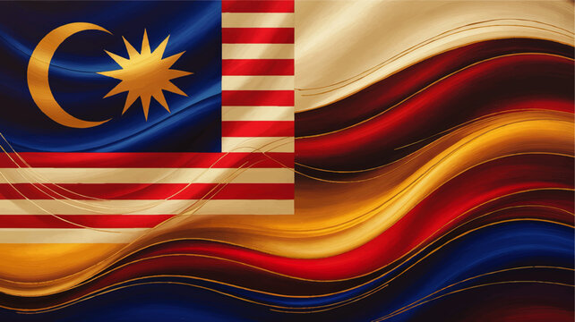 Malaysia flag abstract wave background, golden crescent and star, patriotic red blue stripes, national day celebration illustration