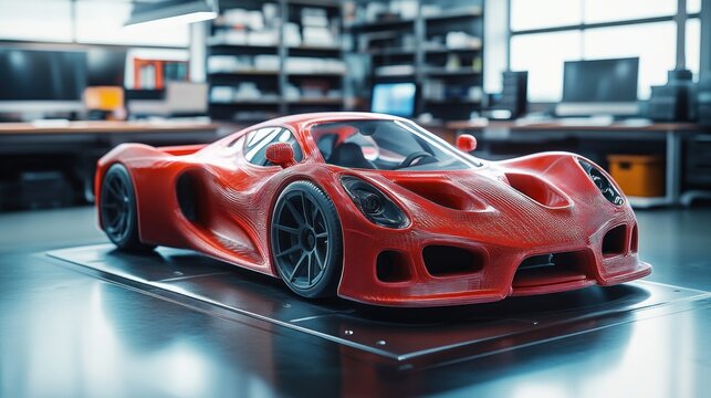 red futuristic sports car prototype with visible textured 3d printed surface on a workshop table surrounded by monitors and tools, evoking excitement and innovation