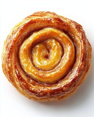 Fototapeta premium golden glazed spiral pastry with flaky concentric layers and caramelized glossy sheen on white background, warm inviting and indulgent