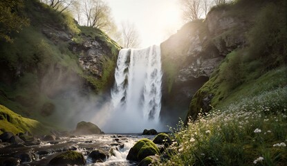 Spring waterfall surrounded by greenery - ultra realistic photo