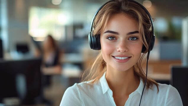 young woman in white blouse wearing over-ear headphones, calm and focused in a modern open-plan office with blurred coworkers and computer monitors - Powered by Adobe