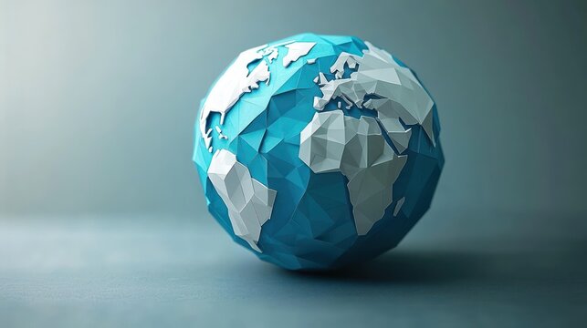 low-poly faceted globe with blue oceans and white geometric continents on a smooth surface, minimalist serene composition conveying calm contemplative optimism