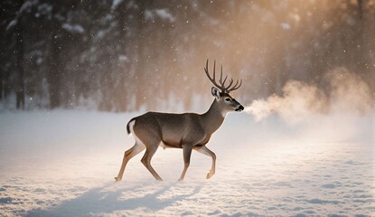 Deer walking in snowy clearing at dawn - ultra realistic photo