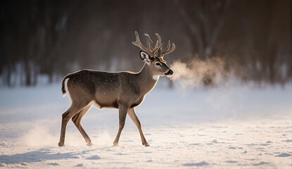 Deer walking in snowy clearing at dawn - ultra realistic photo