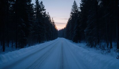 Snowy forest road at blue hour - ultra realistic photo