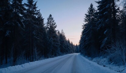 Snowy forest road at blue hour - ultra realistic photo