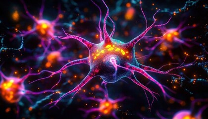 Vibrant glowing neurons with branching dendrites and synapses transmitting electric sparks, energetic microscopic neural network close-up