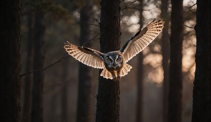 Owl flying through dusk forest - ultra realistic photo