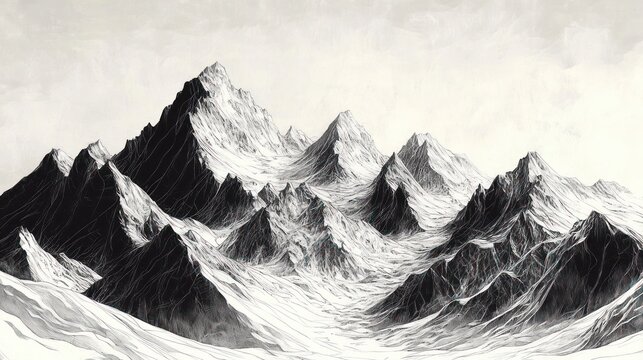 Ink sketch of a monochrome mountain range with jagged snowy peaks, sweeping valleys and ridges conveying majestic solitude - Powered by Adobe