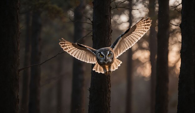 Owl flying through dusk forest - ultra realistic photo