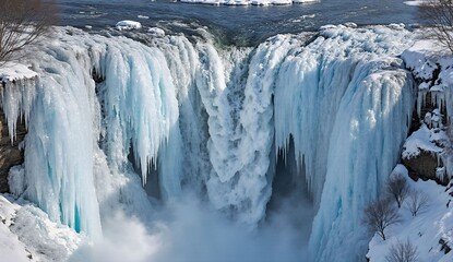Frozen winter waterfall with ice formations - ultra realistic photo