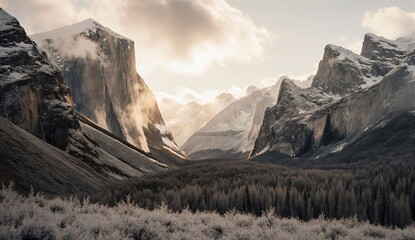 Frost-covered mountain valley in early winter - ultra realistic photo