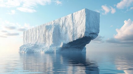 Massive rectangular iceberg floating on calm reflective ocean beneath a soft blue sky with scattered clouds, evoking serene solitude and cool stillness