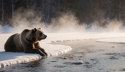Brown bear near frozen river - ultra realistic photo