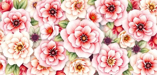 Intricate, overlapping watercolor blooms in soft pastel hues create a continuous floral design,  soft,  green