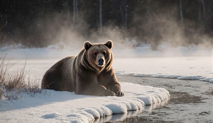 Brown bear near frozen river - ultra realistic photo