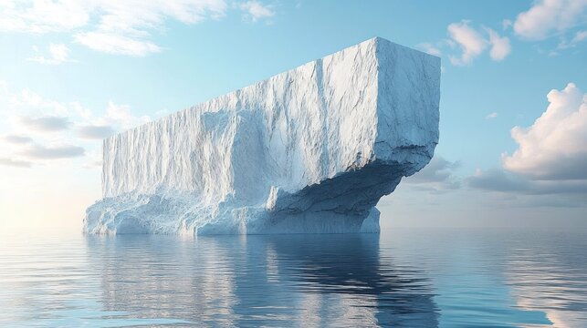 Massive rectangular iceberg floating on calm reflective ocean beneath a soft blue sky with scattered clouds, evoking serene solitude and cool stillness