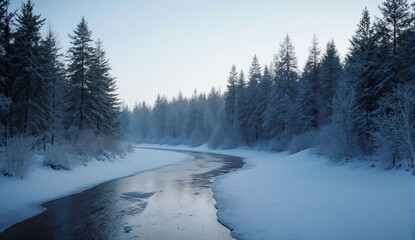 Frozen river through pine forest in winter morning - ultra realistic photo