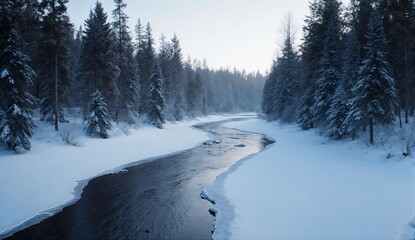 Frozen river through pine forest in winter morning - ultra realistic photo