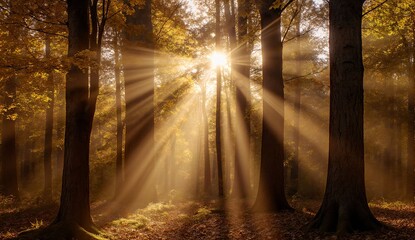 Golden autumn forest with sunlight - ultra realistic photo