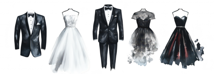 A stylish collection of formal attire featuring elegant evening gowns and tailored tuxedos. a blend of classic and modern designs suitable for special occasions