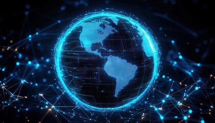 Glowing blue digital globe showing the Americas surrounded by a luminous network of connected nodes and data lines, evoking futuristic global connectivity and wonder