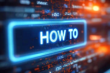 Glowing neon blue HOW TO button on a blurred digital screen with scrolling code and orange light particles, conveying curiosity and futuristic guidance