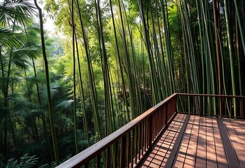 Serene bamboo forest, elevated wooden platform overlooking lush greenery,  environment,  picturesque