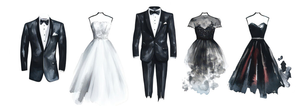 A stylish collection of formal attire featuring elegant evening gowns and tailored tuxedos. a blend of classic and modern designs suitable for special occasions