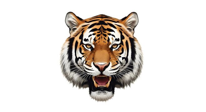 Close up of a fierce tiger head with open mouth and sharp teeth.