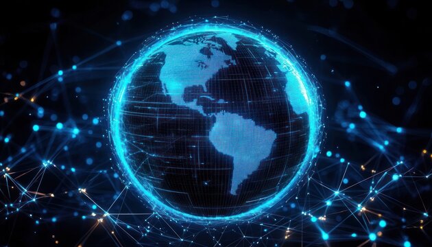 Glowing blue digital globe showing the Americas surrounded by a luminous network of connected nodes and data lines, evoking futuristic global connectivity and wonder