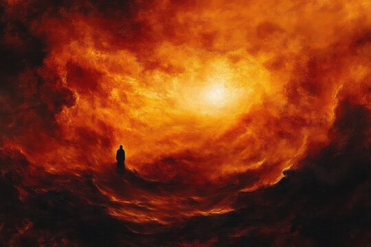 solitary silhouetted figure on a dark ridge beneath swirling fiery orange clouds and a radiant central light, evoking awe, isolation, and introspection
