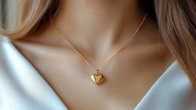 Close-up of a woman's collarbone and décolletage wearing a delicate gold heart pendant on a fine chain over a white blouse, soft lighting creating an intimate elegant romantic mood - Powered by Adobe