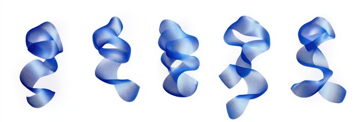 Five translucent blue ribbon spirals floating on a white background conveying calm fluid motion